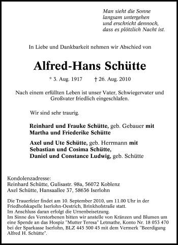 Traueranzeigen von AlfredHans Schütte TrauerinNRW.de