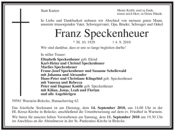 Traueranzeige von Franz Speckenheuer von Tageszeitung