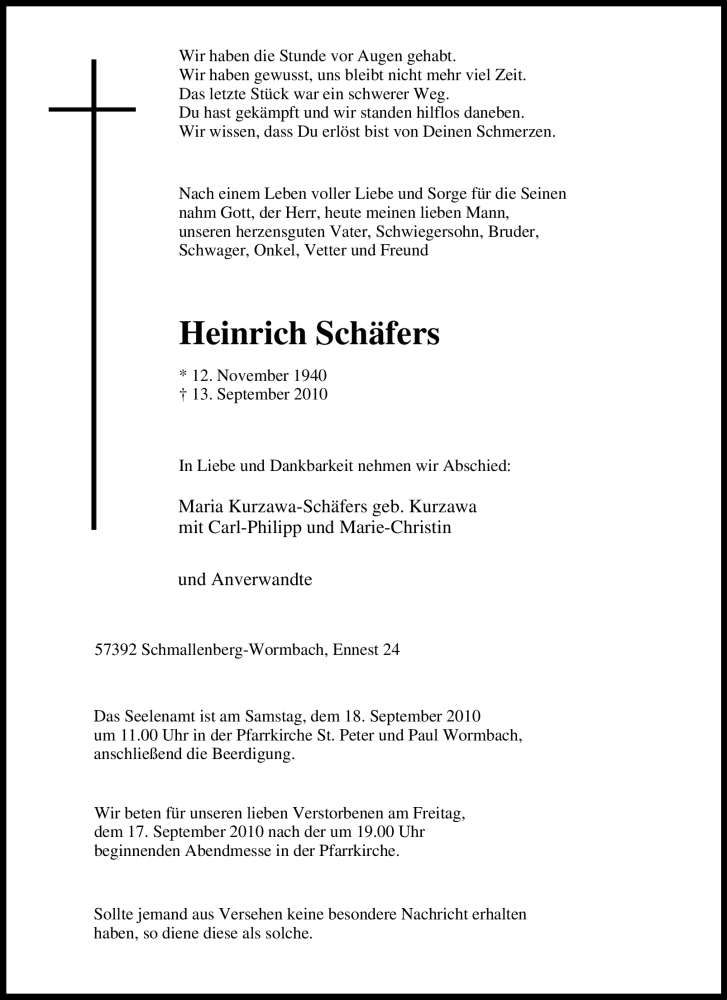  Traueranzeige für Heinrich Schäfers vom 15.09.2010 aus Tageszeitung