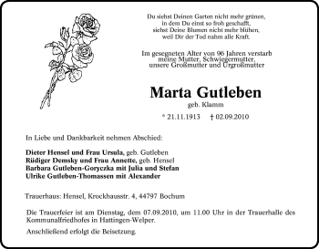 Traueranzeige von Marta Gutleben von Tageszeitung