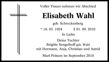 Traueranzeige von Elisabeth Wahl von Tageszeitung