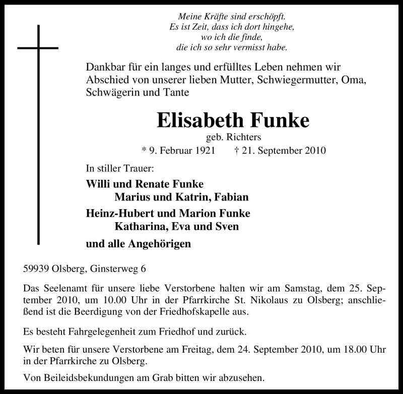  Traueranzeige für Elisabeth Funke vom 22.09.2010 aus Tageszeitung