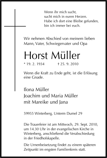 Traueranzeige von Horst Müller von Tageszeitung