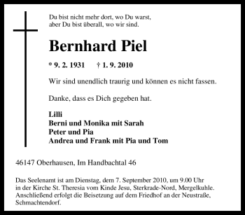 Traueranzeige von Bernhard Piel von Tageszeitung