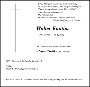 Traueranzeige von Walter Kantim von Tageszeitung