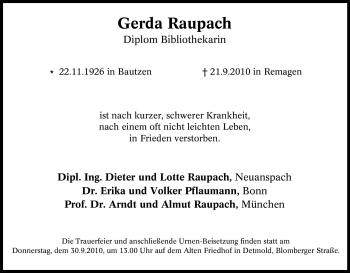Traueranzeige von Gerda Raupach von Tageszeitung
