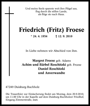 Traueranzeige von Friedrich Froese von Tageszeitung