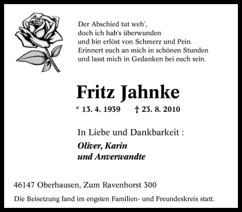 Traueranzeige von Fritz Jahnke von Tageszeitung