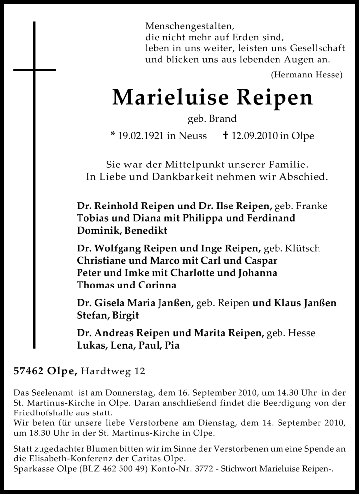  Traueranzeige für Marieluise Reipen vom 14.09.2010 aus Tageszeitung