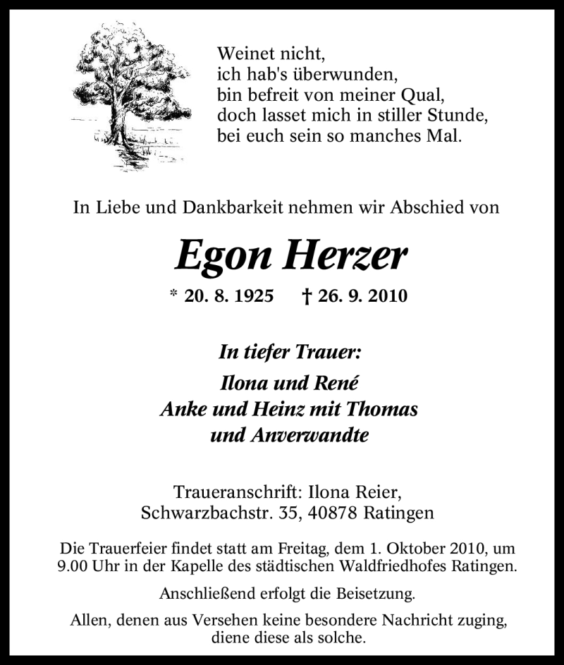  Traueranzeige für Egon Herzer vom 29.09.2010 aus Tageszeitung