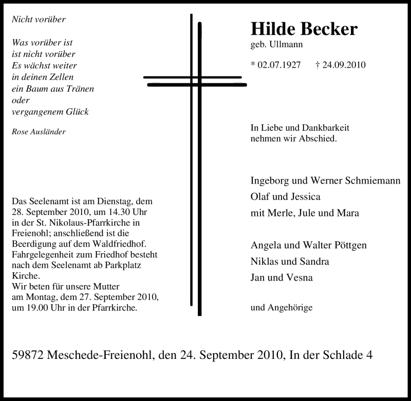 Traueranzeigen Von Hilde Becker | Trauer-in-NRW.de