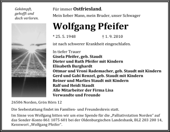 Traueranzeige von Wolfgang Pfeifer von Tageszeitung