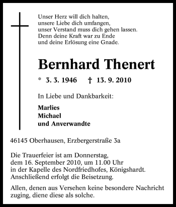 Traueranzeige von Bernhard Thenert von Tageszeitung