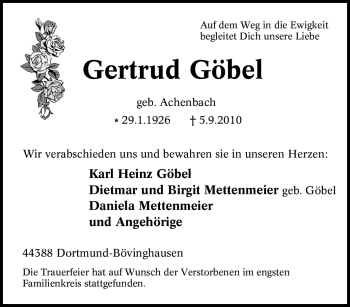 Traueranzeige von Gertrud Göbel von Tageszeitung
