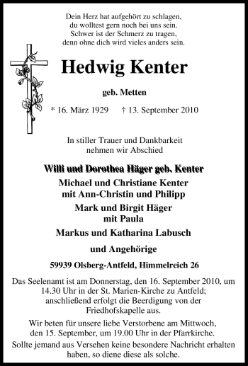 Traueranzeige von Hedwig Kenter von Tageszeitung