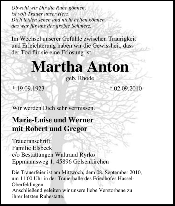 Traueranzeige von Martha Anton von Tageszeitung
