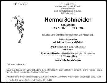 Traueranzeige von Herma Schneider von Tageszeitung