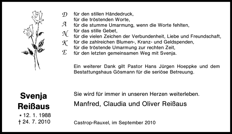  Traueranzeige für Svenja Reißaus vom 01.09.2010 aus Tageszeitung