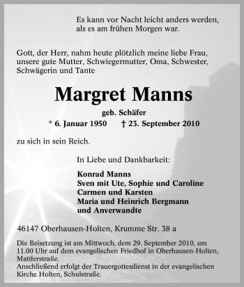 Traueranzeige von Margret Manns von Tageszeitung