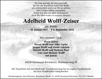 Traueranzeige von Adelheid Wolff-Zeiser von Tageszeitung