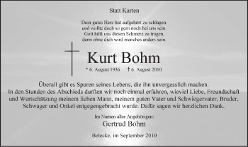 Traueranzeige von Kurt Bohm von Tageszeitung
