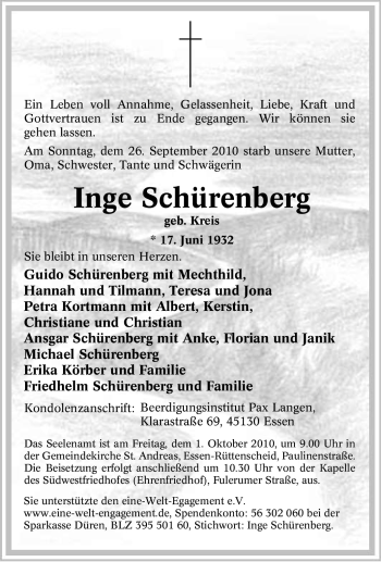 Traueranzeige von Inge Schürenberg von Tageszeitung