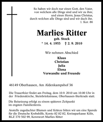 Traueranzeige von Marlies Ritter von Tageszeitung