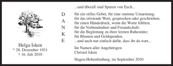 Traueranzeige von Helga Isken von Tageszeitung