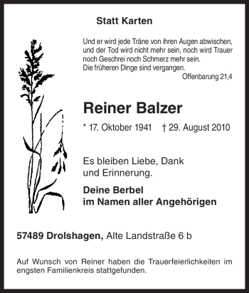 Traueranzeige von Reiner Balzer von Tageszeitung