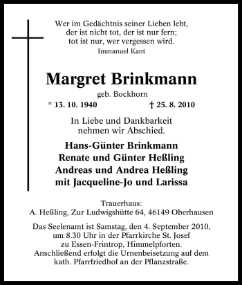 Traueranzeige von Margret Brinkmann von Tageszeitung