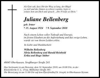 Traueranzeige von Juliane Bellenberg von Tageszeitung