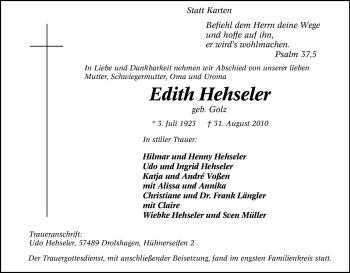 Traueranzeige von Edith Hehseler von Tageszeitung