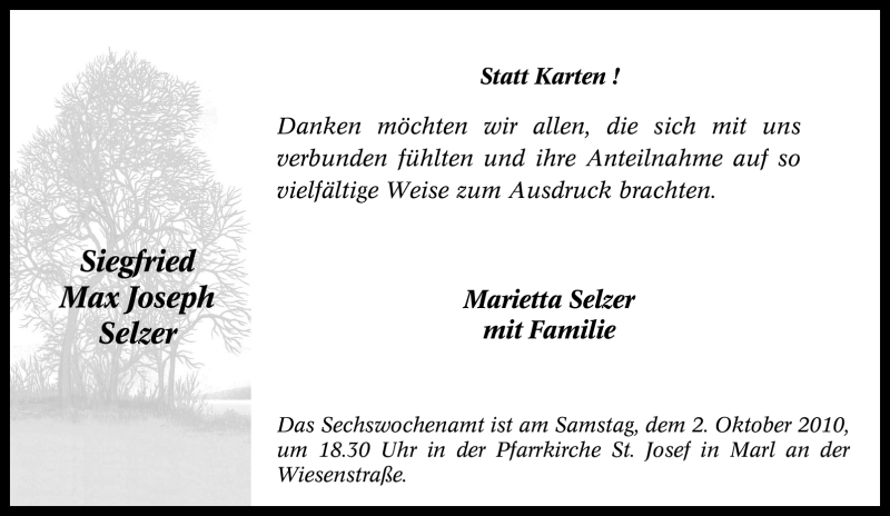  Traueranzeige für Siegfried Max Joseph Selzer vom 18.09.2010 aus Tageszeitung