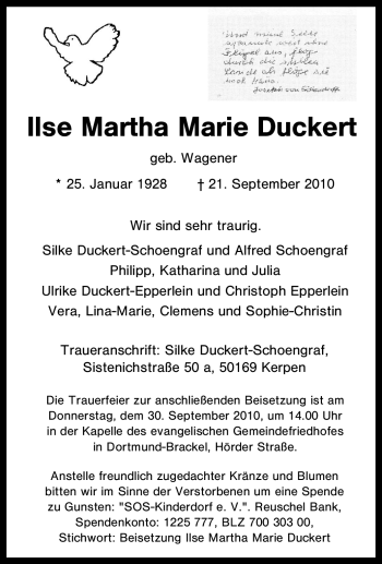 Traueranzeige von Ilse Martha Marie Duckert von Tageszeitung