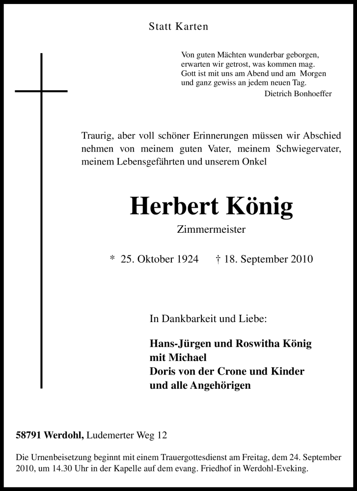  Traueranzeige für Herbert König vom 21.09.2010 aus Tageszeitung