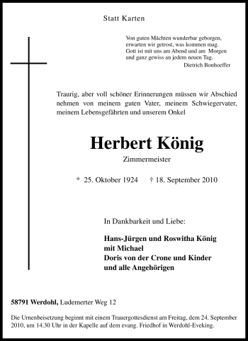 Traueranzeige von Herbert König von Tageszeitung