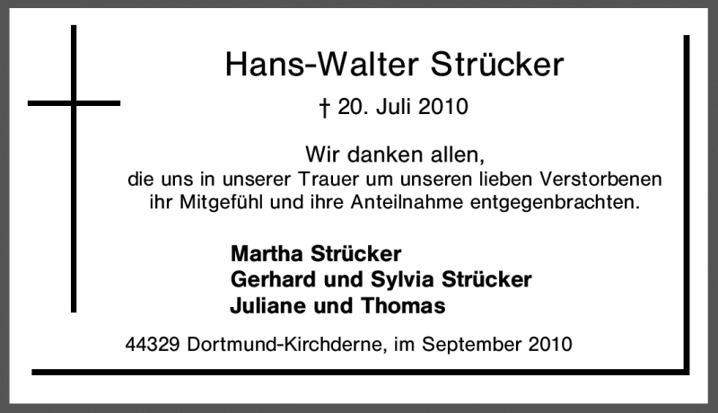  Traueranzeige für Hans-Walter Strücker vom 01.09.2010 aus Tageszeitung