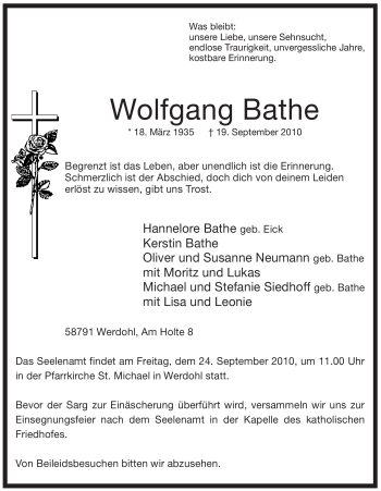 Traueranzeige von Wolfgang Bathe von Tageszeitung