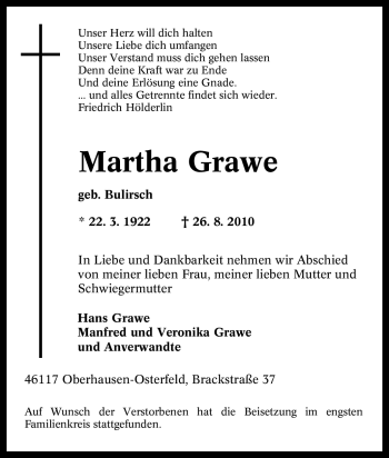 Traueranzeige von Martha Grawe von Tageszeitung
