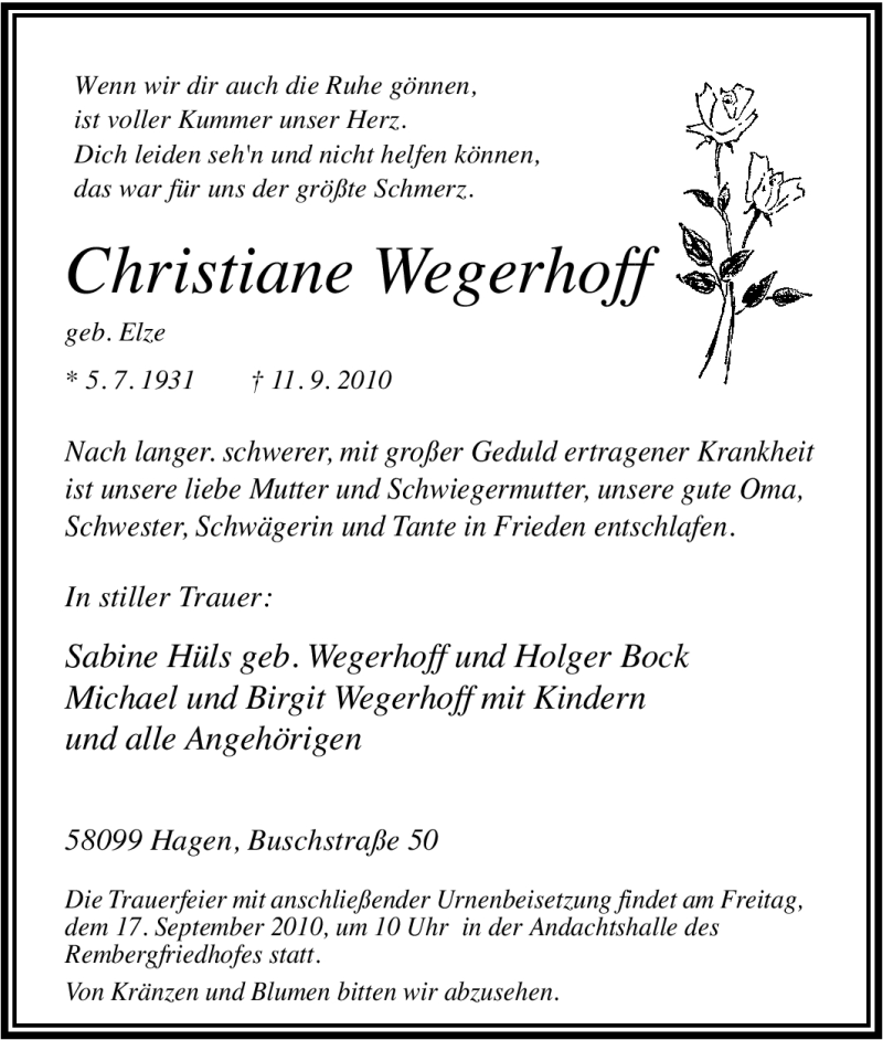 Traueranzeigen von Christiane Wegerhoff | Trauer-in-NRW.de