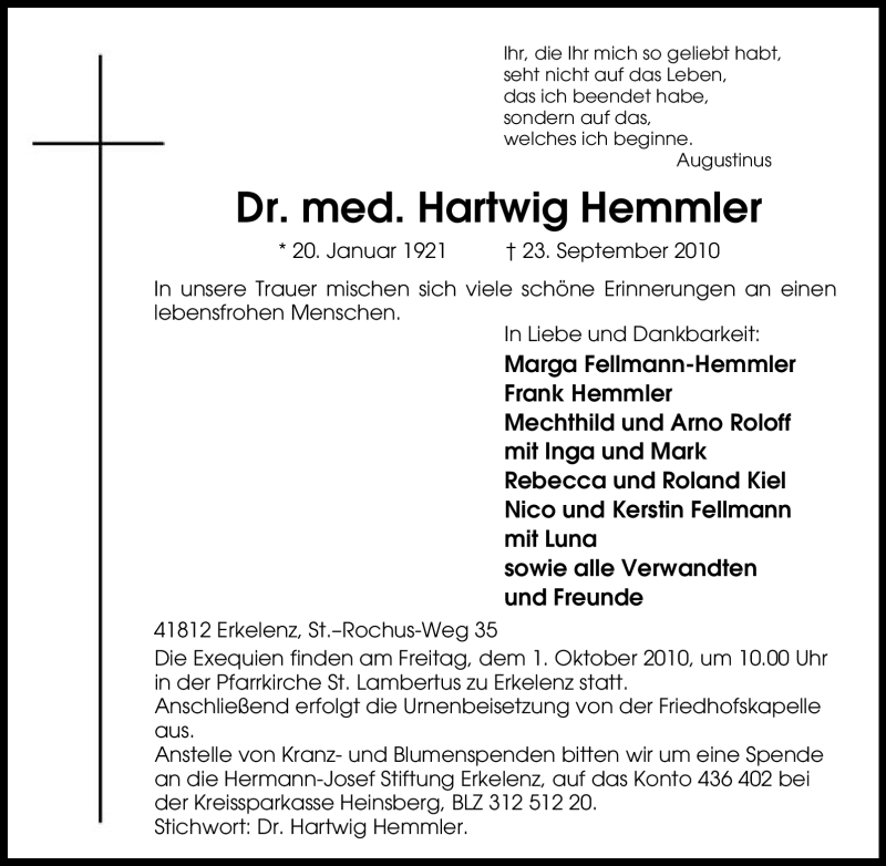  Traueranzeige für Hartwig Hemmler vom 27.09.2010 aus Tageszeitung