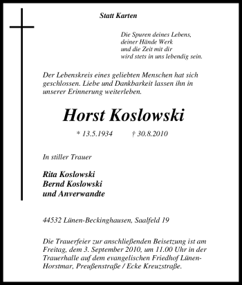 Traueranzeige von Horst Koslowski von Tageszeitung