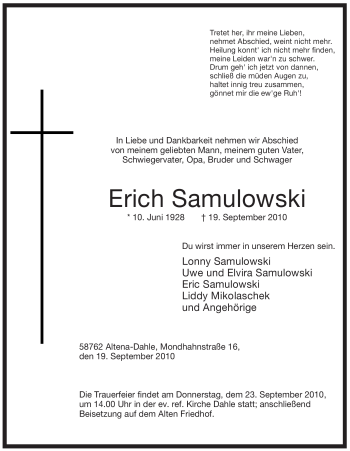 Traueranzeige von Erich Samulowski von Tageszeitung