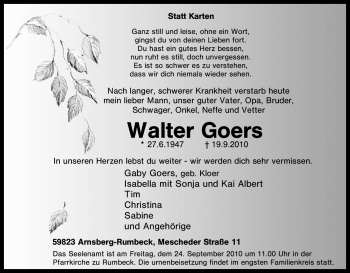 Traueranzeige von Walter Goers von Tageszeitung