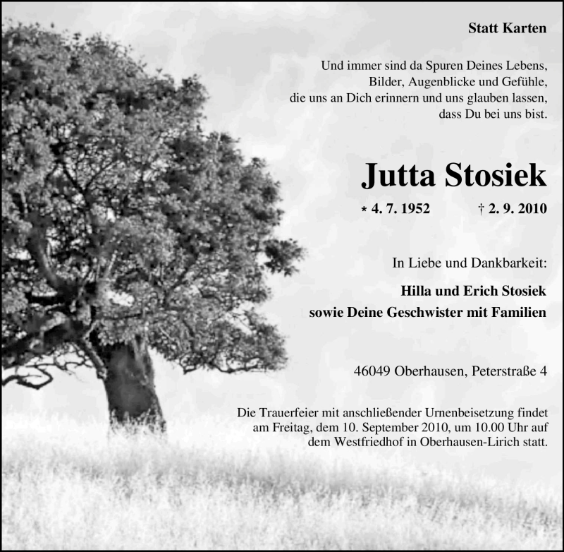  Traueranzeige für Jutta Stosiek vom 08.09.2010 aus Tageszeitung