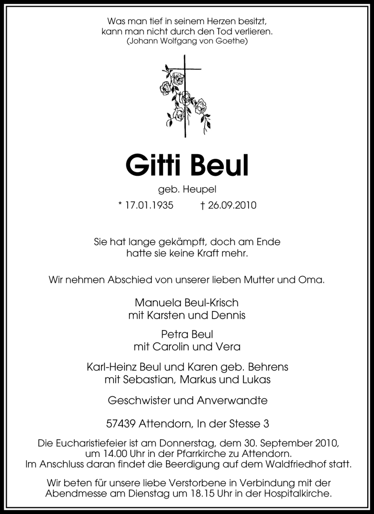 Traueranzeige für Gitti Beul vom 27.09.2010 aus Tageszeitung