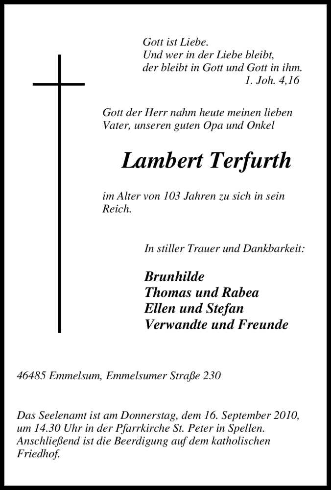  Traueranzeige für Lambert Terfurth vom 13.09.2010 aus Tageszeitung
