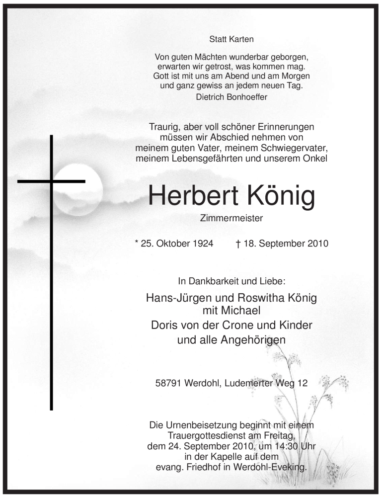 Traueranzeige für Herbert König vom 21.09.2010 aus Tageszeitung
