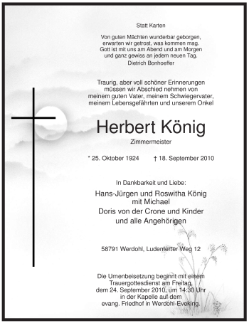 Traueranzeige von Herbert König von Tageszeitung