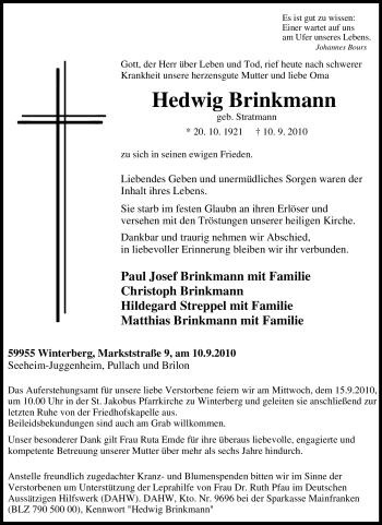 Traueranzeige von Hedwig Brinkmann von Tageszeitung